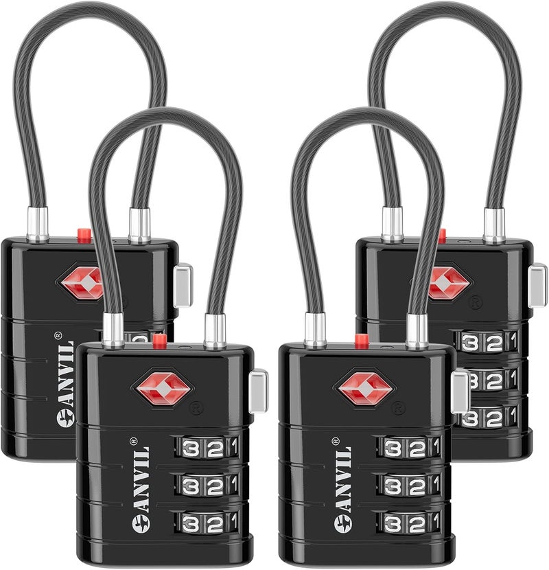 Anvil TSA Approved Luggage Locks – High Security TSA008 Combination Travel Locks with Inspection Indicator for Suitcases and Backpacks. (4, Black) - Image 1